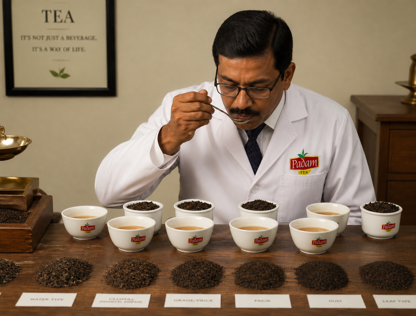 Master tea blender hand-mixing Padam Tea leaves